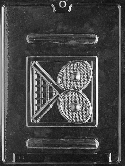TENNIS chocolate mold featuring round ball cavities with curved seam lines; clear sheet.