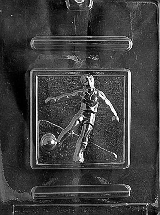 SOCCER chocolate mold with large round soccer ball cavity showing panel lines; clear mold sheet.
