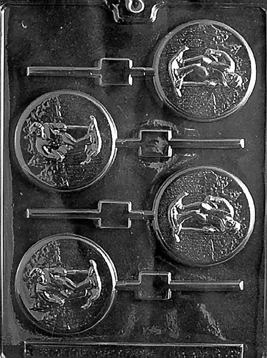 SKIING Lollipop chocolate mold with round lollipop cavities embossed with skier silhouette; clear sheet with stick channel.