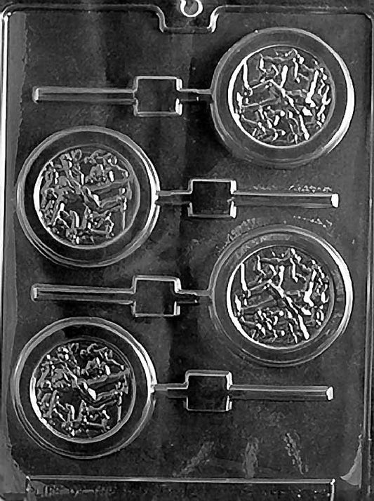OLYMPIC Lollipop chocolate mold with round lollipop cavities and medal-style emblem; clear sheet with stick channel.