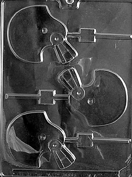 FOOTBALL HELMET Lollipop chocolate mold with helmet-shaped lollipop cavities showing facemask lines; clear sheet.