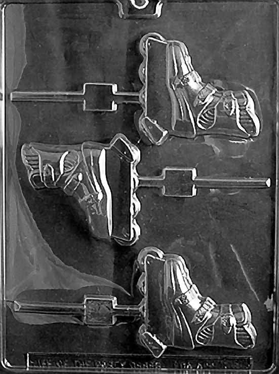 ROLLER BLADE Lollipop chocolate mold with skate-shaped lollipop cavities showing wheel and boot detail; clear sheet.