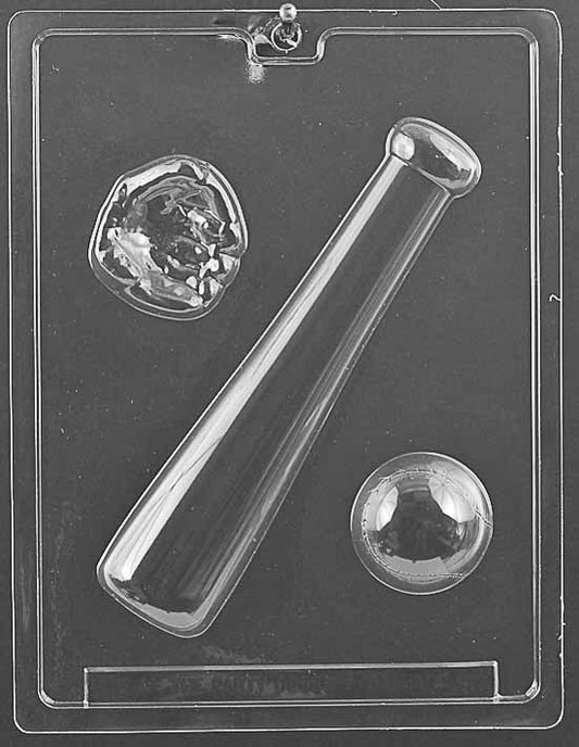 BAT, BALL, GLOVE chocolate mold with long bat, round ball, and glove cavities; clear sheet with defined textures.