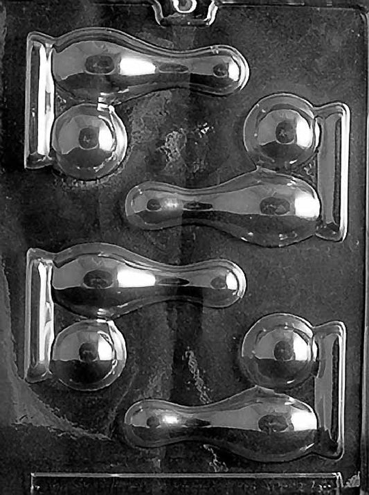 BOWLING PIN, BALL chocolate mold with slim pin and round ball cavities; clear sheet showing stripe and hole guides.
