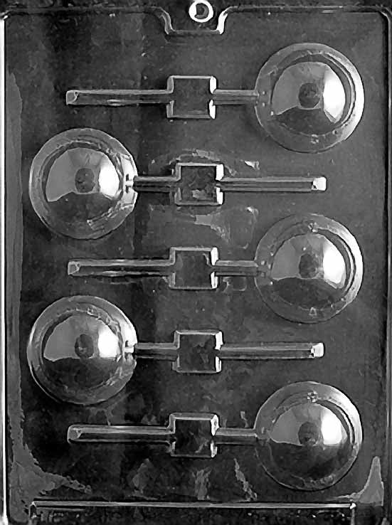 BASEBALL Lollipop chocolate mold with round baseball lollipop cavities showing stitch lines; clear sheet with stick channel.