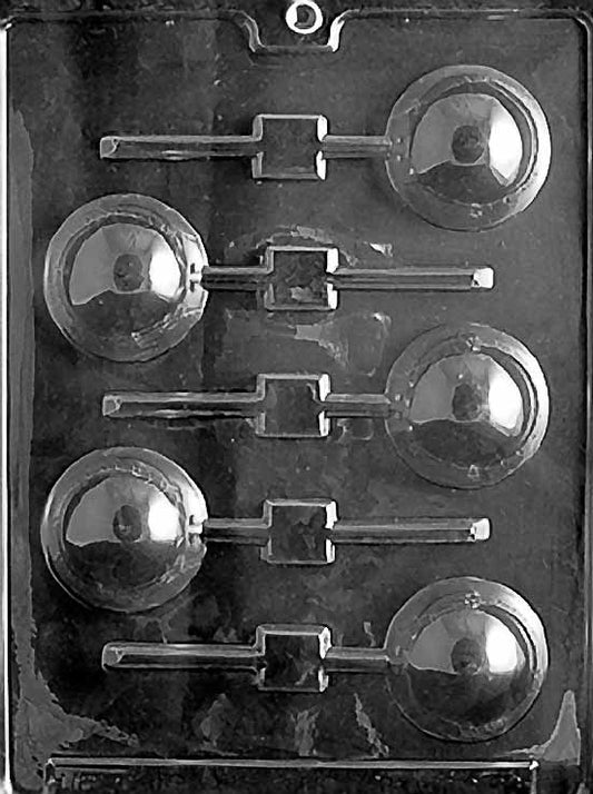 BASEBALL Lollipop chocolate mold with round baseball lollipop cavities showing stitch lines; clear sheet with stick channel.