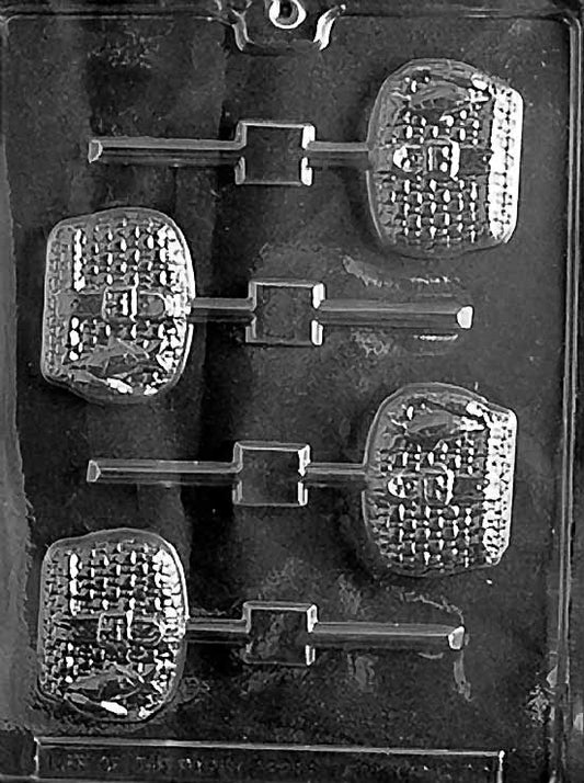 FISHING BASKET Lollipop chocolate mold with lollipop cavities shaped like a woven fishing creel with strap; clear sheet.