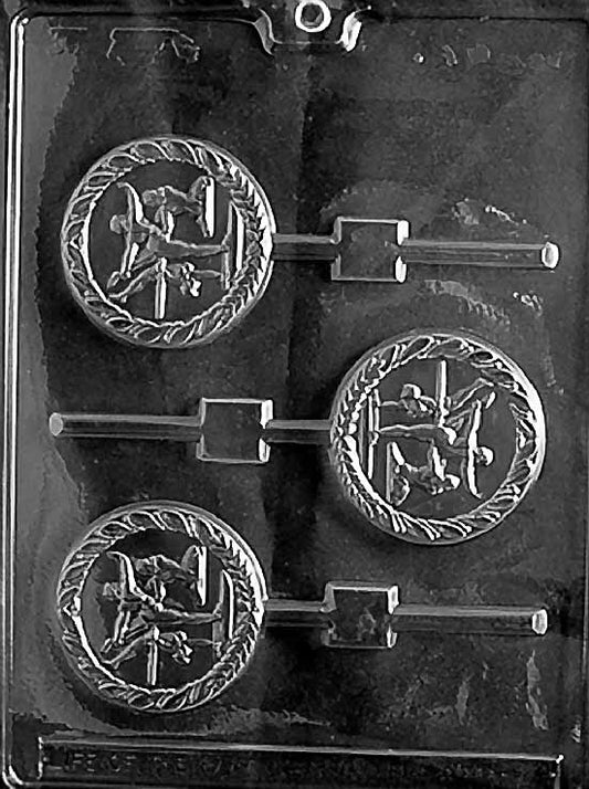 FEMALE GYMNAST Lollipop chocolate mold with round pop cavities showing a female gymnast silhouette; clear sheet.