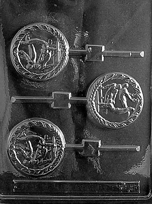 MALE GYMNAST Lollipop chocolate mold with circular lollipop cavities embossed with male gymnast figure; clear mold.