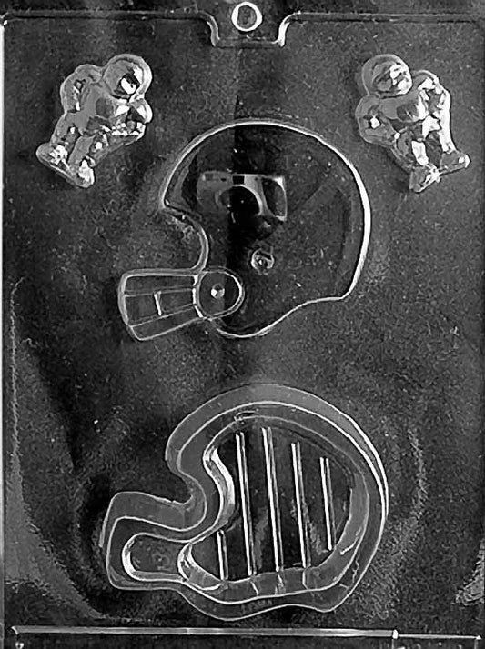 FOOTBALL HELMET POUR BOX chocolate mold with deep helmet cavity showing facemask and shell lines; clear mold.