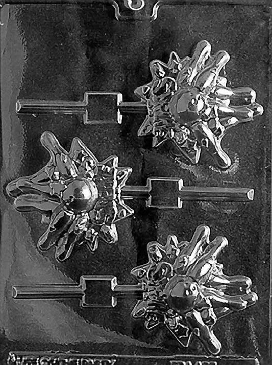 BOWLING Lollipop chocolate mold with round bowling ball lollipop cavities showing hole markers; clear sheet.