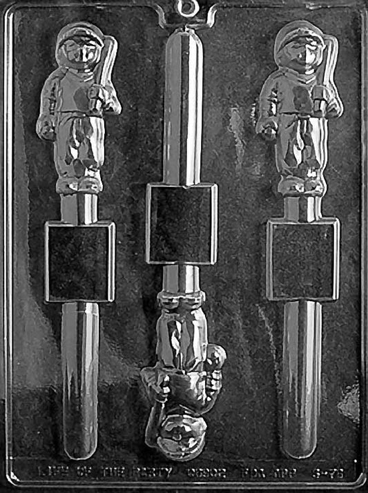 BASEBALL PLAYER PRETZEL chocolate mold with slim player cavities sized for pretzel rods; clear sheet with figure detail.