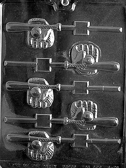 BASEBALL BAT,GLOVE,BALL POP chocolate mold with lollipop cavity combining bat, glove, and ball; clear sheet.