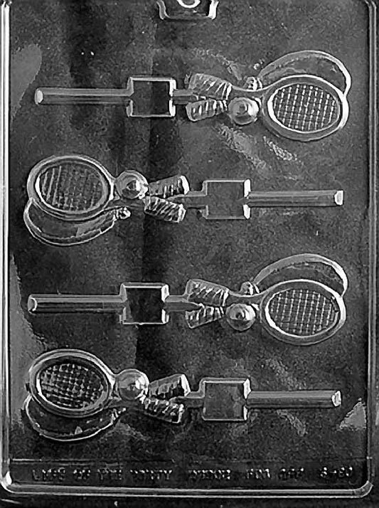 TENNIS RACQUET Lollipop chocolate mold with small racquet lollipop cavities showing string pattern; clear mold sheet.