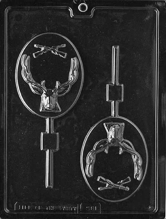 DEER HUNTER Lollipop chocolate mold with rectangular lollipop cavities showing hunter and deer silhouette; clear sheet with stick channel.