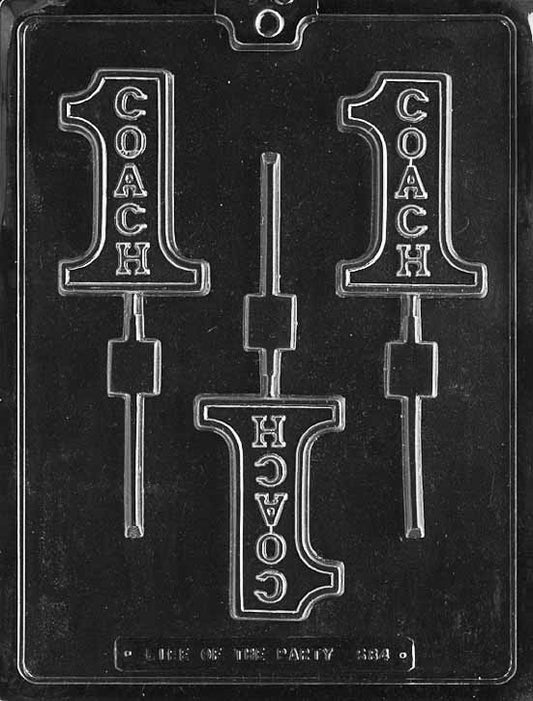 COACH Lollipop chocolate mold with lollipop cavities showing coach figure; clear sheet with stick channel.