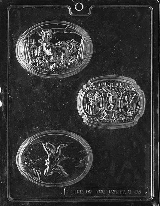 HUNTING KIT chocolate mold with multiple cavities shaped like outdoor gear; clear mold sheet with detailed icons.