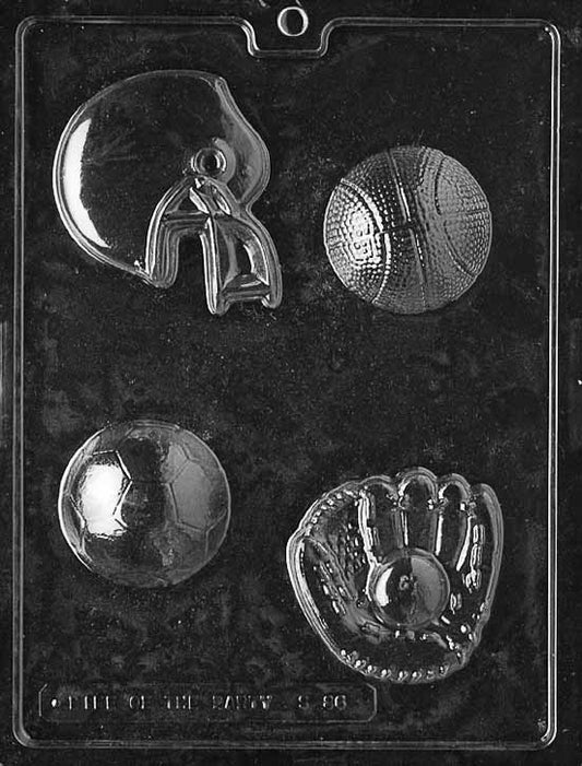ALL SPORTS FOR SPECIALTY BOX chocolate mold with multiple cavities: ball, helmet, and mitt shapes; clear sheet.