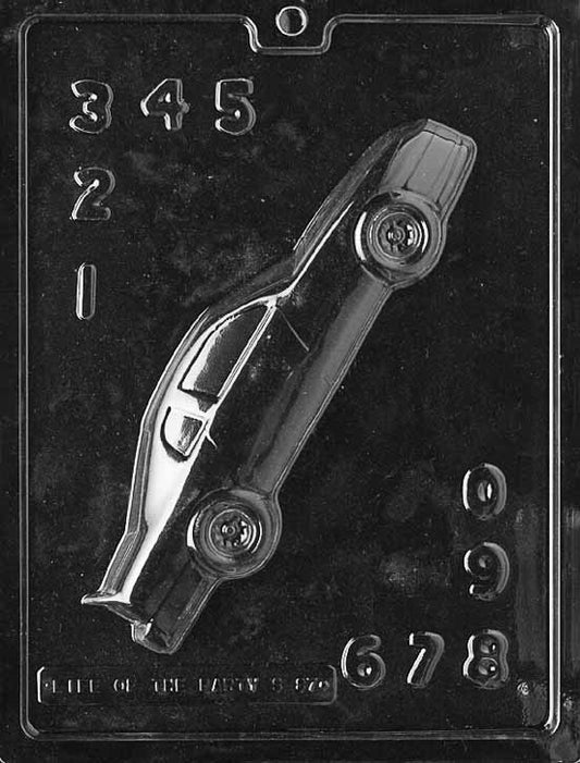 STOCK CAR FOR SPECIALTY BOX chocolate mold with elongated car cavity showing wheel and body detail; clear sheet.