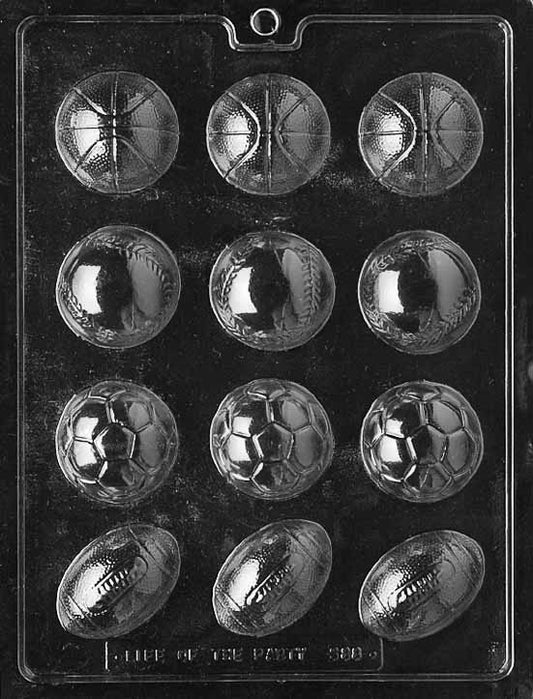 BALL ASSORT chocolate mold with multiple cavities for baseball, soccer, football, and basketball; clear mold.