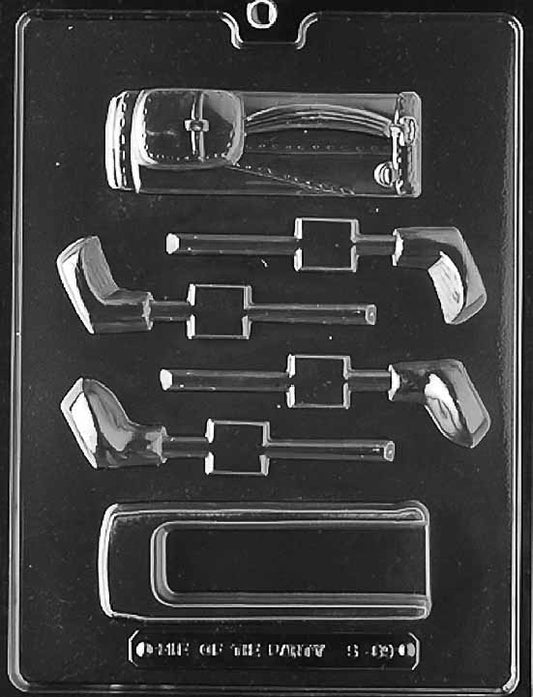 GOLF BAG AND CLUBS OPEN Pour Box chocolate mold with golf bag cavity showing clubs and strap detail; clear mold.