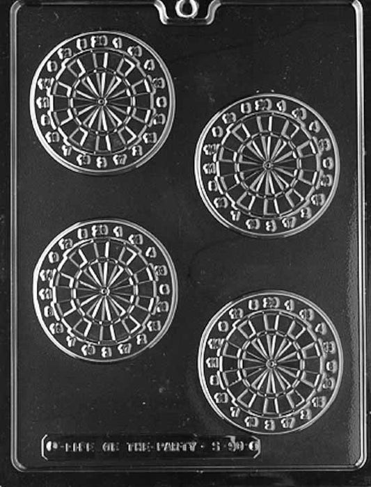 DARTBOARD chocolate mold with round dartboard cavities showing segment lines; clear mold.