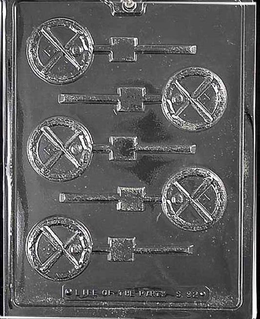 BASEBALL ROUND DISC Lollipop chocolate mold with round disc lollipop cavities showing stitch detail; clear sheet.