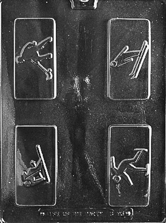 WINTER SPORTS BOX SET chocolate mold with assorted winter sports cavities; clear mold sheet.