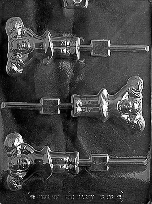 CHEERLEADER W/POMPOM Lollipop chocolate mold with cheerleader lollipop cavities showing raised pompoms; clear sheet.