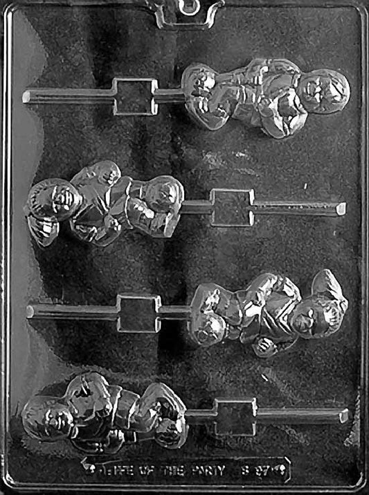 SOCCER GIRL/BOY Lollipop chocolate mold with lollipop cavities of soccer boy and girl figures; clear mold.
