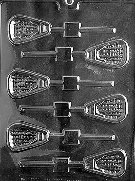 LACROSSE Lollipop chocolate mold with lollipop cavities shaped like lacrosse sticks with net; clear mold sheet.