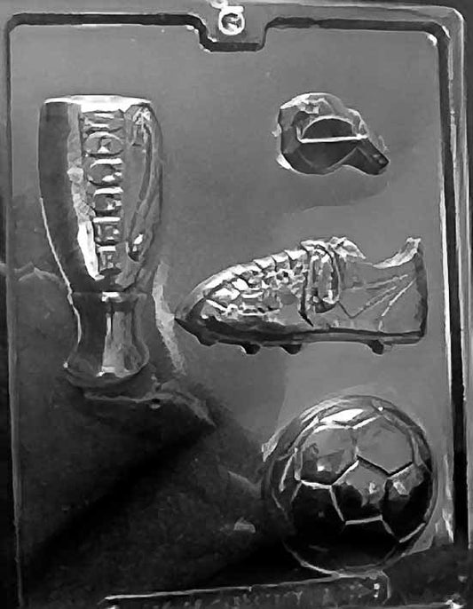 SOCCER KIT FOR SPECIALTY BOX chocolate mold with assorted soccer-themed cavities; clear sheet.