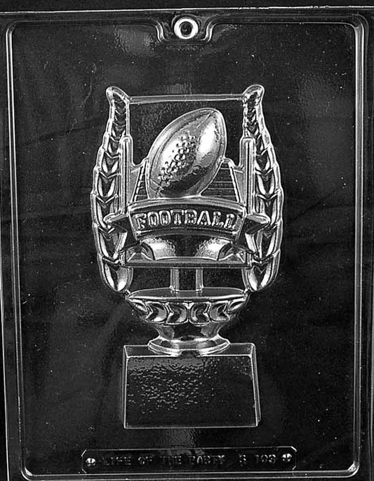 FOOTBALL TROPHY FOR SPECIALTY chocolate mold with large trophy-shaped cavity featuring football detail; clear sheet.