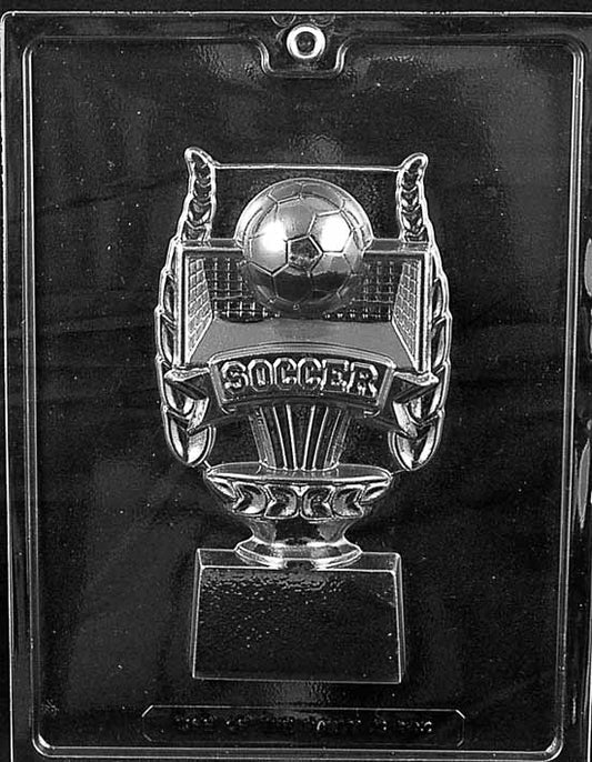 SOCCER TROPHY FOR SPECIALTY chocolate mold with tall trophy cavity featuring soccer ball detail; clear sheet.