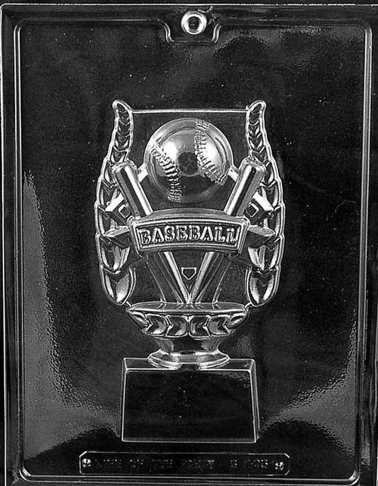 BASEBALL TROPHY FOR SPECIALTY chocolate mold with trophy-shaped cavity featuring baseball motif; clear mold.