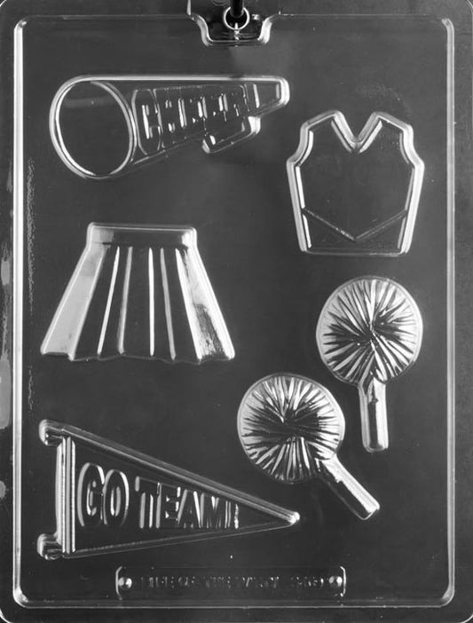 CHEERLEADER KIT SPECIALTY BOX chocolate mold with assorted cavities: pompom, pennant, shirt, skirt, megaphone; clear mold.