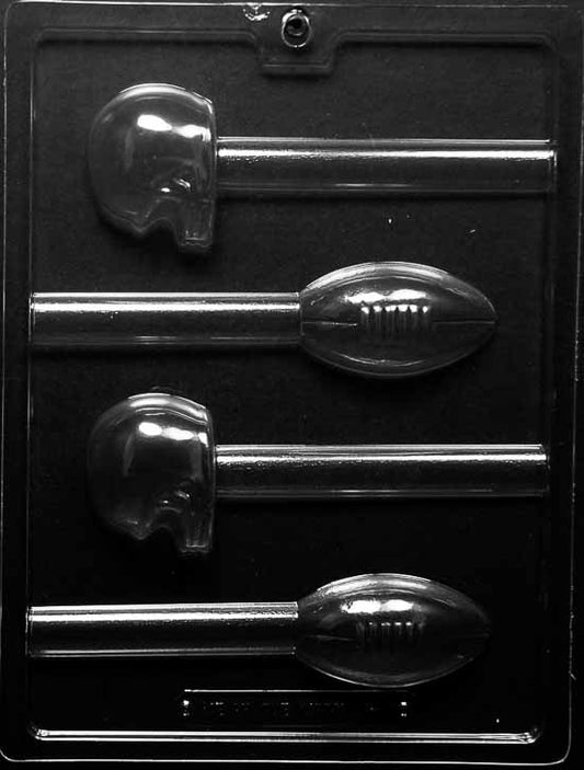 FOOTBALL AND HELMET PRETZEL chocolate mold with cavities shaped like football and helmet sized for pretzel rods; clear sheet.