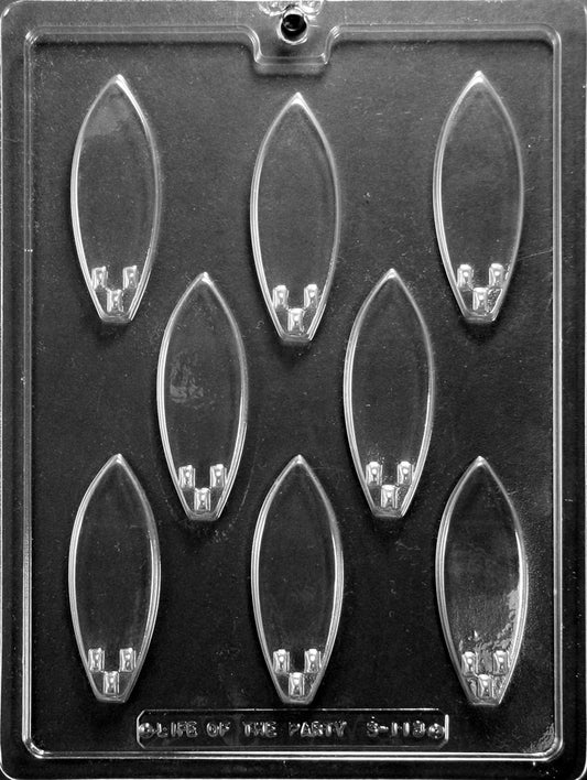 SMALL SURFBOARDS chocolate mold with elongated cavities shaped like mini surfboards; clear sheet.