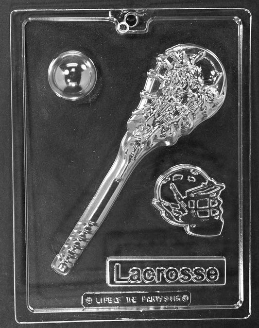 LACROSSE KIT chocolate mold with assorted cavities shaped like ball, net, helmet, and bar; clear sheet.