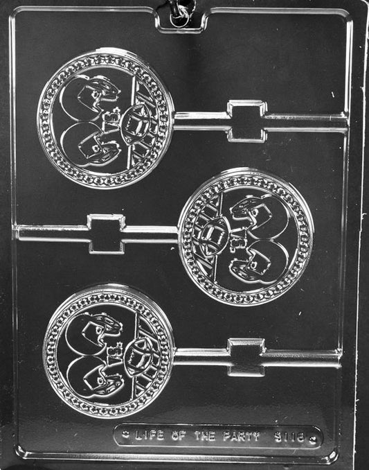 DUELING FOOTBALL HELMETS Lollipop chocolate mold with round lollipop cavities showing two helmets; clear sheet.