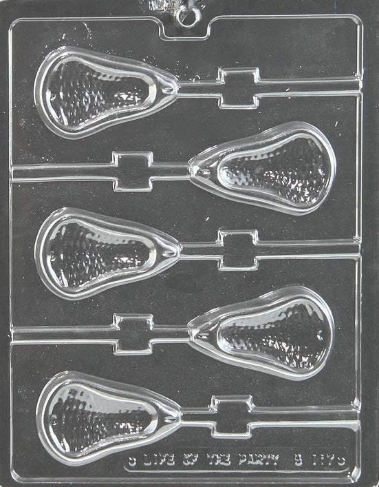 Large Lacrosse Lollipop chocolate mold with large stick-shaped lollipop cavities featuring net detail; clear mold.