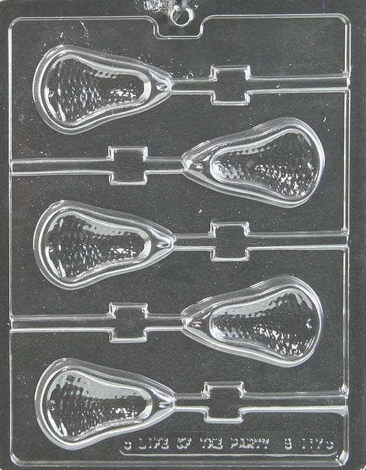 Large Lacrosse Lollipop chocolate mold with large stick-shaped lollipop cavities featuring net detail; clear mold.