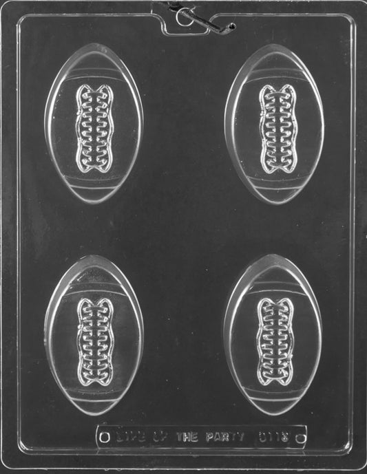 Football Cookie chocolate mold with oval football cavities showing lace details; clear mold.