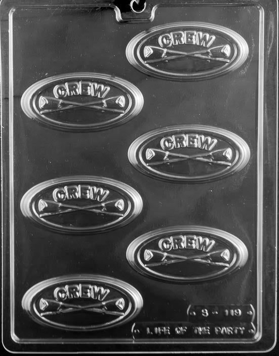 Crew Oval Bar chocolate mold with oval bar cavities featuring crew theme detail; clear sheet.
