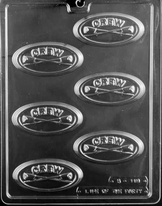 Crew Oval Bar chocolate mold with oval bar cavities featuring crew theme detail; clear sheet.
