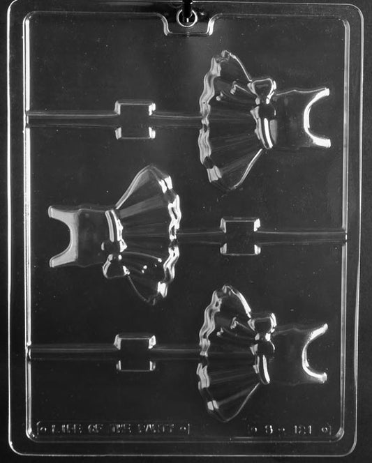 Ballerina Dress Lollipop chocolate mold with lollipop cavities shaped like ballerina dresses; clear sheet.