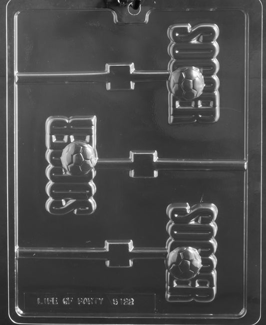 Soccer (word) with Ball Lollipop chocolate mold with lollipop cavities featuring word "Soccer" and ball; clear sheet.