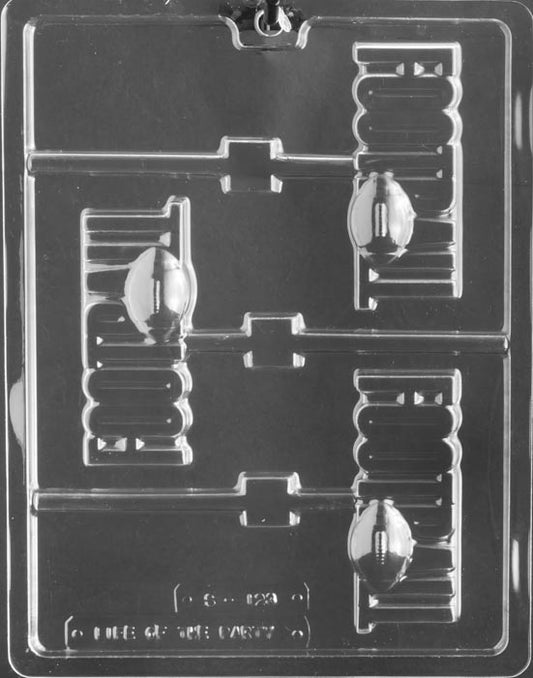 Football in Letters Lollipop chocolate mold with lollipop cavities spelling “Football” with ball detail; clear mold.