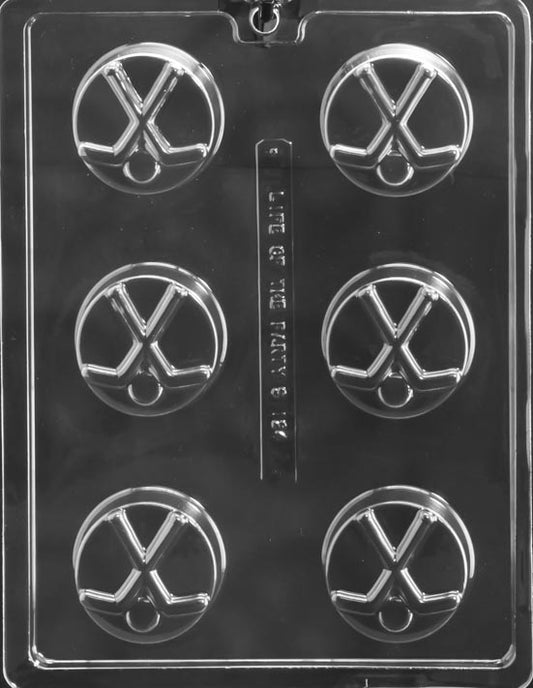 Hockey Cookie chocolate mold with round cavities styled like hockey pucks; clear sheet.