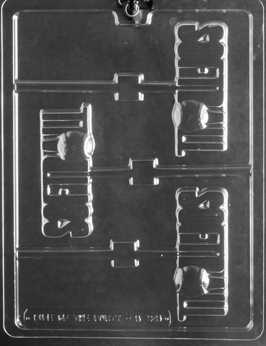 Softball Word with Ball Lollipop chocolate mold with lollipop cavities featuring softball text and ball; clear mold.